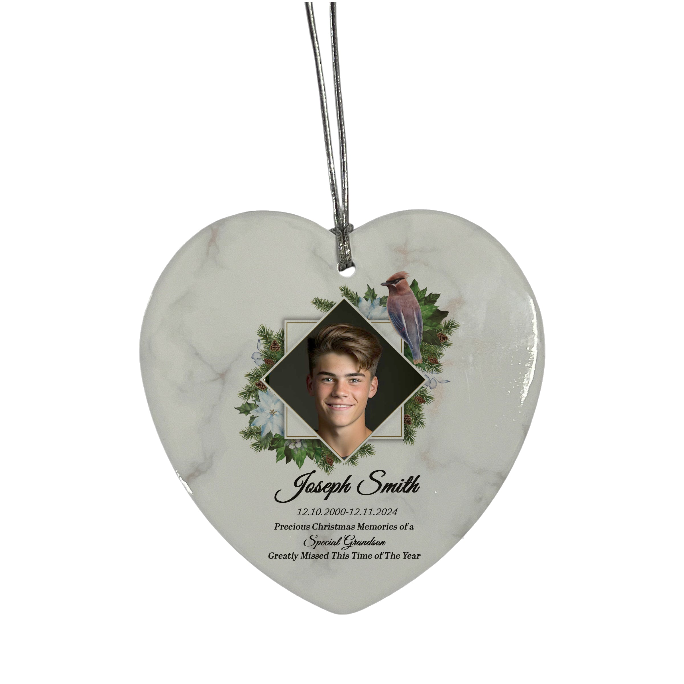 Large Hanging Ceramic Heart Christmas Memorial Decoration-Grandson Personalised Heart Gifts ukgiftstoreonline