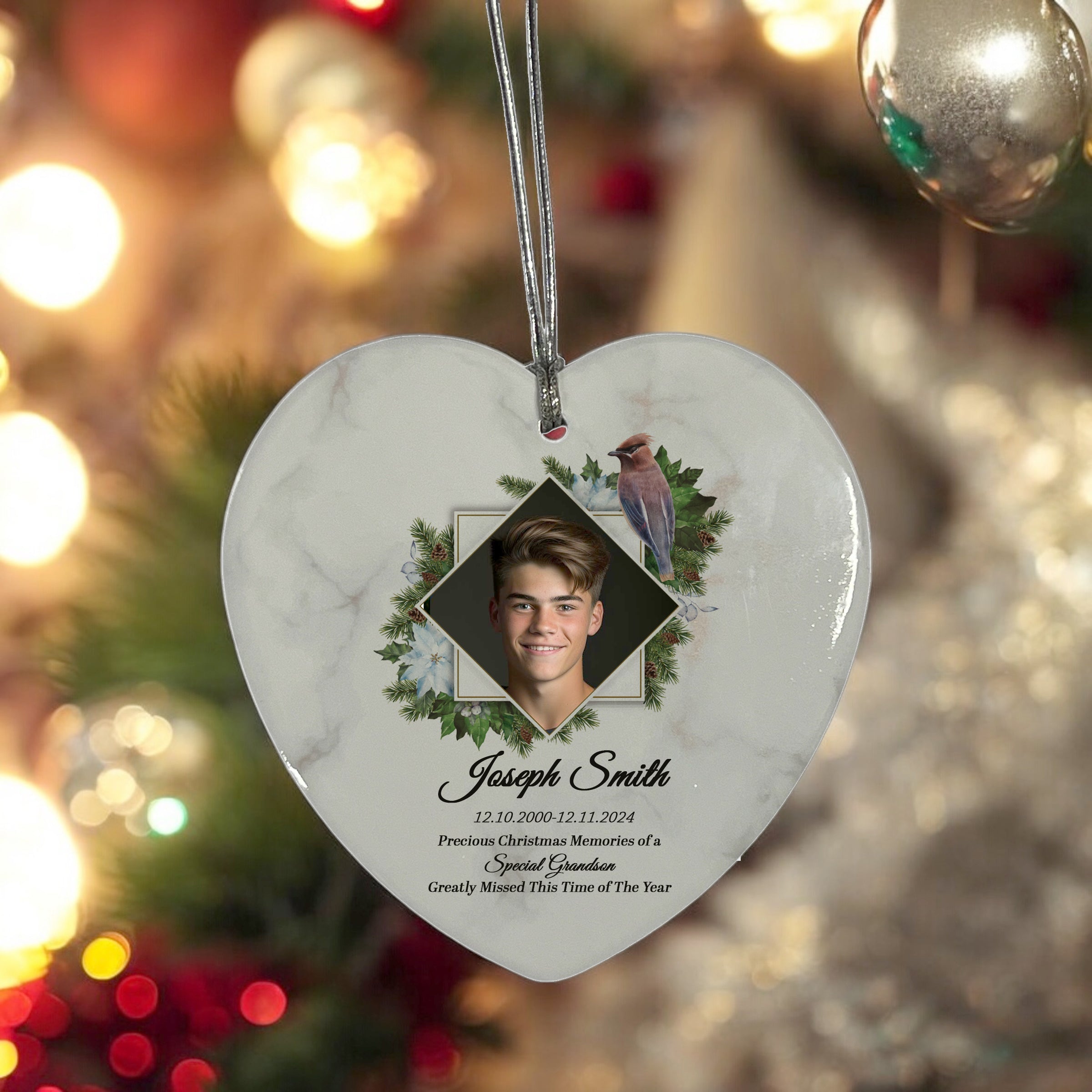 Large Hanging Ceramic Heart Christmas Memorial Decoration-Grandson Personalised Heart Gifts ukgiftstoreonline