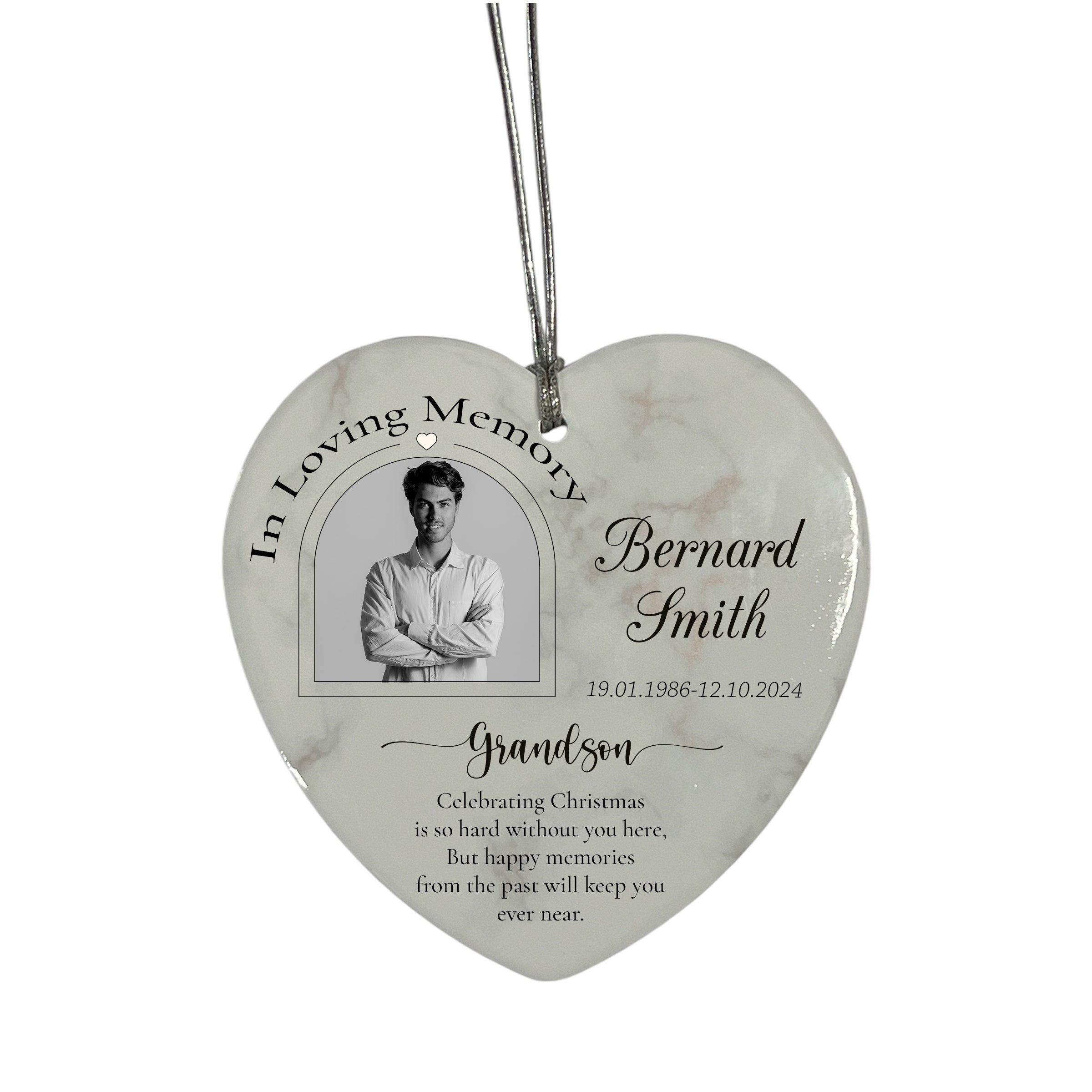In Loving Memory At Christmas Hanging Ceramic Heart Decoration-Grandson Personalised Heart Gifts ukgiftstoreonline
