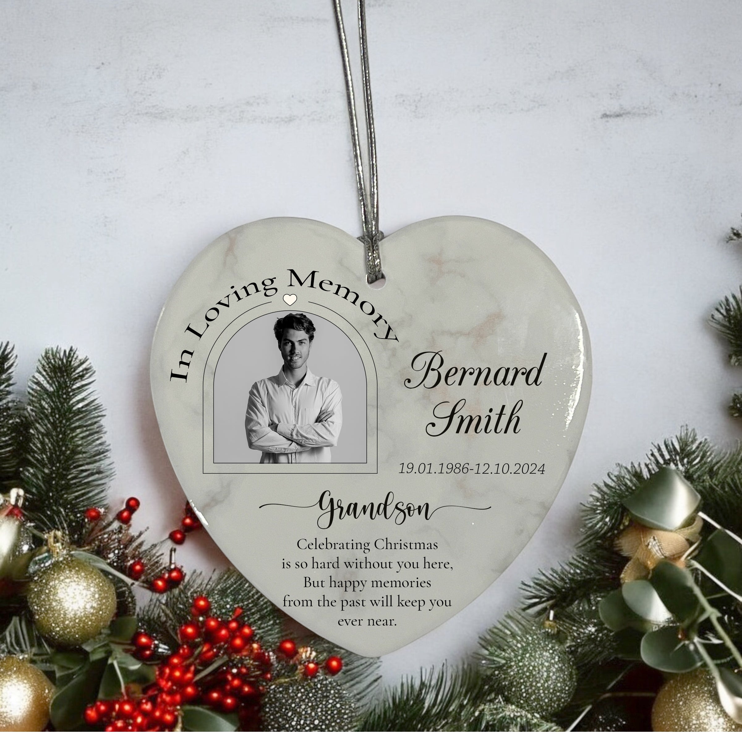 In Loving Memory At Christmas Hanging Ceramic Heart Decoration-Grandson Personalised Heart Gifts ukgiftstoreonline