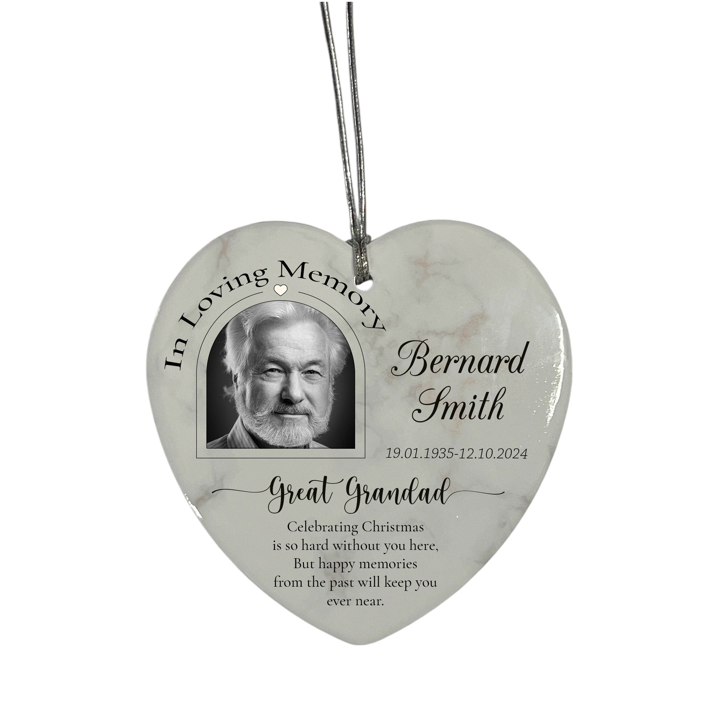 In Loving Memory At Christmas Hanging Ceramic Heart Decoration-Great Grandad Personalised Heart Gifts ukgiftstoreonline