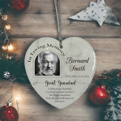 In Loving Memory At Christmas Hanging Ceramic Heart Decoration-Great Grandad Personalised Heart Gifts ukgiftstoreonline