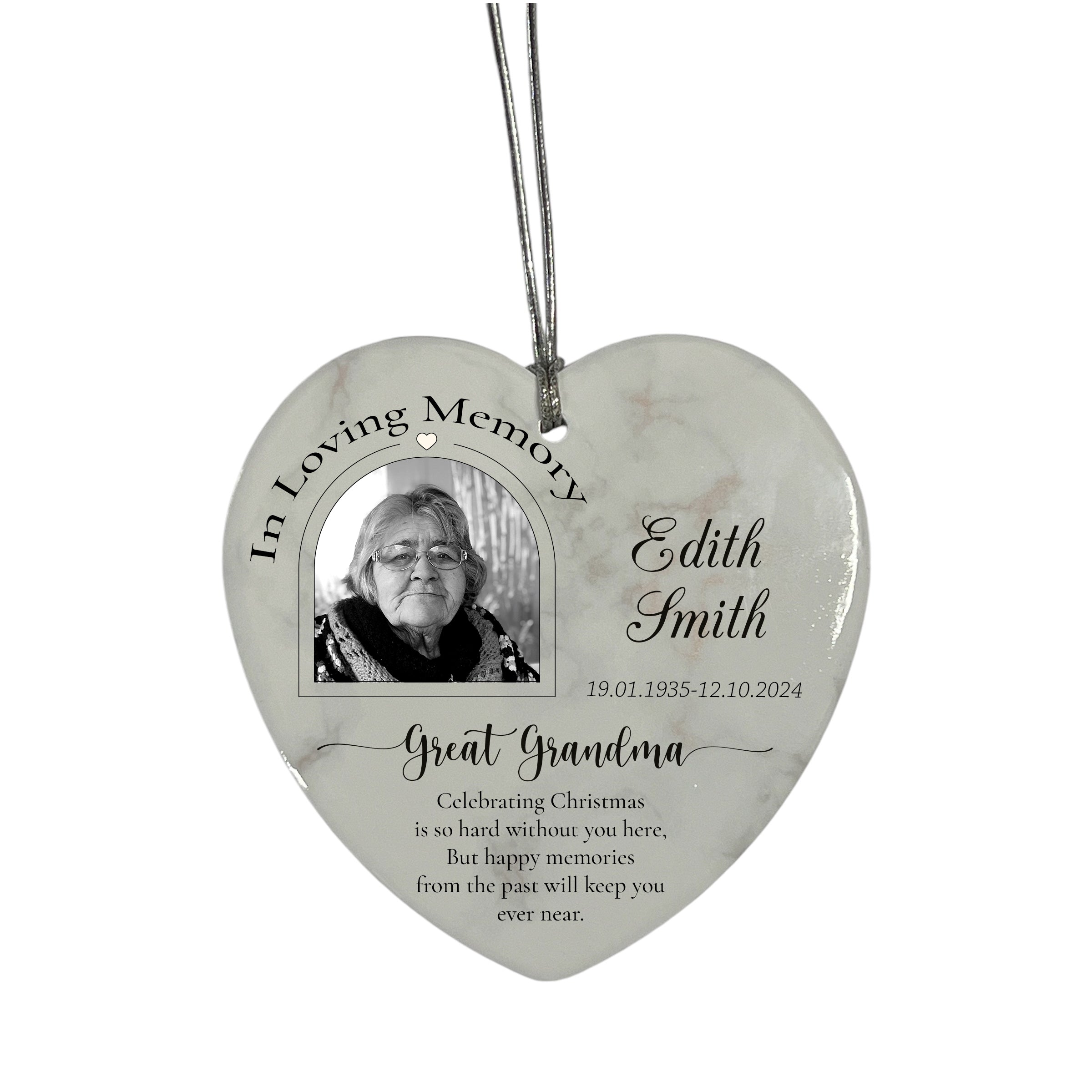In Loving Memory At Christmas Hanging Ceramic Heart Decoration-Great Grandma Personalised Heart Gifts ukgiftstoreonline