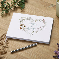 Wedding Guest Book Personalised With Watercolour Floral Heart Theme