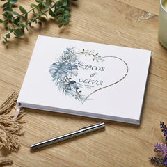 Wedding Guest Book Personalised With Blue Tropical Heart Theme