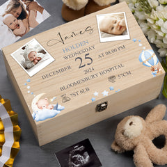 Personalised Wooden Baby Boy Memory Keepsake Box With Photos and Birth Details