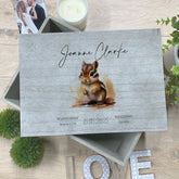 Personalised Large Vintage Baby Keepsake Box With Squirrel and Birth Details