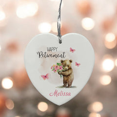 Personalised Retirement Gift Ceramic Heart Decoration With Cute Bear Personalised Heart Gifts ukgiftstoreonline
