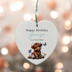 Large Ceramic Heart Gift Personalised Birthday With Cute Highland Cow