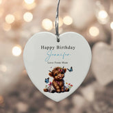 Large Ceramic Heart Gift Personalised Birthday With Cute Highland Cow