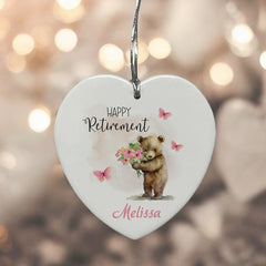 Personalised Retirement Gift Ceramic Heart Decoration With Cute Bear Personalised Heart Gifts ukgiftstoreonline