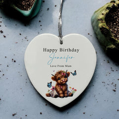 Large Ceramic Heart Gift Personalised Birthday With Cute Highland Cow