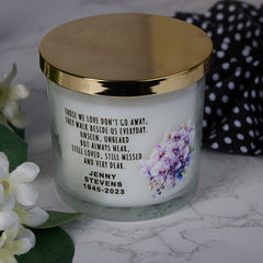 Personalised Sympathy Condolence Bereavement Memorial Gift Remembrance Candle With Flowers