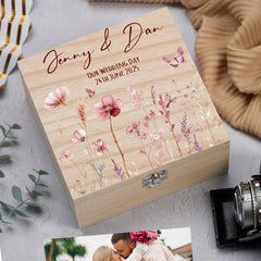 Personalised Wooden Wedding Keepsakes Memory Box Gift Wildflower Meadow