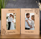 Personalised Solid Oak Wood Double Photo Frame with Custom Engraving, Wedding and Anniversary any occasion, Orchid Flowers