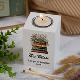Personalised Teacher Gift Tea Light Candle Holder With Floral Books