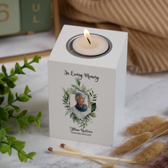 Memorial Wooden Tea Light Holder Bereavement Sympathy Gift Leaf Design and Photo