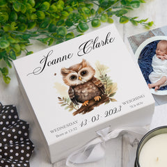 Personalised Baby Keepsake Box Memories Gift With Woodland Owl