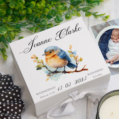 Personalised Baby Keepsake Box Memories Gift With Woodland Robin