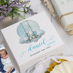 ukgiftstoreonline Personalised Baby Boy Gift Keepsake Memory Box Elephant On Swing