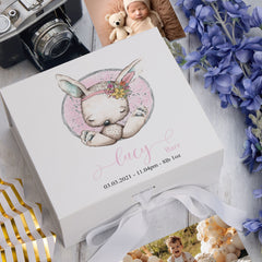 Personalised Baby Girl Gift Keepsake Memory Box Sitting Rabbit