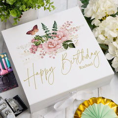 ukgiftstoreonline Personalised Happy Birthday Gift Keepsake Memory Box With Butterflies and Flowers
