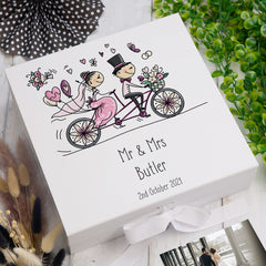 Luxury personalised wedding gift memory box with couple on bike