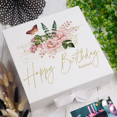 ukgiftstoreonline Personalised Happy Birthday Gift Keepsake Memory Box With Butterflies and Flowers