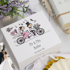 Luxury personalised wedding gift memory box with couple on bike