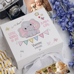 Personalised Baby Girl Keepsake Memory Box Elephant Design