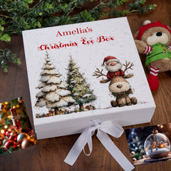 Personalised White Christmas Eve Gift Box With Santa & Reindeer Special Christmas Keepsake Memory Storage