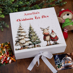Personalised White Christmas Eve Gift Box With Santa & Reindeer Special Christmas Keepsake Memory Storage