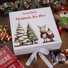 Personalised White Christmas Eve Gift Box With Santa & Reindeer Special Christmas Keepsake Memory Storage