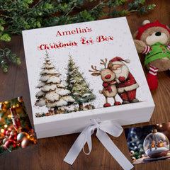Personalised White Christmas Eve Gift Box With Santa & Reindeer Special Christmas Keepsake Memory Storage