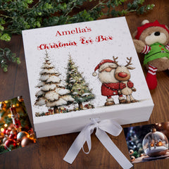 Personalised White Christmas Eve Gift Box With Santa & Reindeer Special Christmas Keepsake Memory Storage