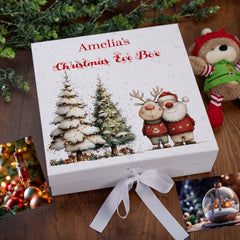 Personalised White Christmas Eve Gift Box With Santa & Reindeer Special Christmas Keepsake Memory Storage