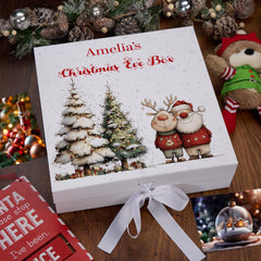 Personalised White Christmas Eve Gift Box With Santa & Reindeer Special Christmas Keepsake Memory Storage