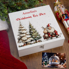 Personalised White Christmas Eve Gift Box With Santa & Reindeer Special Christmas Keepsake Memory Storage