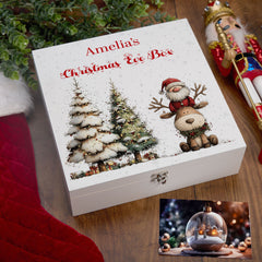 Personalised White Christmas Eve Gift Box With Santa & Reindeer Special Christmas Keepsake Memory Storage