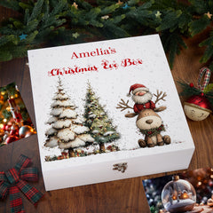 Personalised White Christmas Eve Gift Box With Santa & Reindeer Special Christmas Keepsake Memory Storage