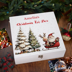 Personalised White Christmas Eve Gift Box With Santa & Reindeer Special Christmas Keepsake Memory Storage