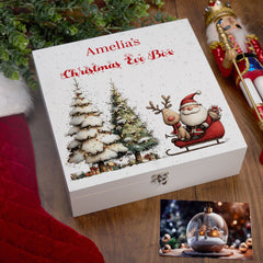 Personalised White Christmas Eve Gift Box With Santa & Reindeer Special Christmas Keepsake Memory Storage