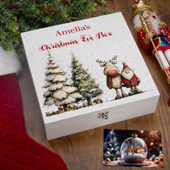 Personalised White Christmas Eve Gift Box With Santa & Reindeer Special Christmas Keepsake Memory Storage