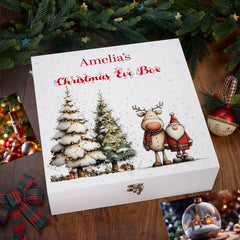 Personalised White Christmas Eve Gift Box With Santa & Reindeer Special Christmas Keepsake Memory Storage