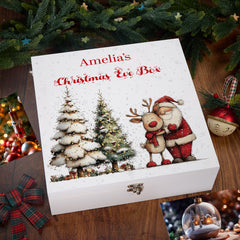 Personalised White Christmas Eve Gift Box With Santa & Reindeer Special Christmas Keepsake Memory Storage