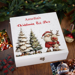 Personalised White Christmas Eve Gift Box With Santa & Reindeer Special Christmas Keepsake Memory Storage