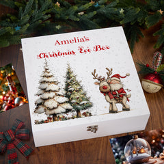 Personalised White Christmas Eve Gift Box With Santa & Reindeer Special Christmas Keepsake Memory Storage