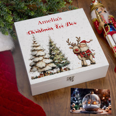 Personalised White Christmas Eve Gift Box With Santa & Reindeer Special Christmas Keepsake Memory Storage