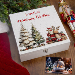 Personalised White Christmas Eve Gift Box With Santa & Reindeer Special Christmas Keepsake Memory Storage