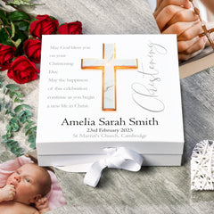 Personalised Christening Keepsake Memory Box Gift With Marble Cross